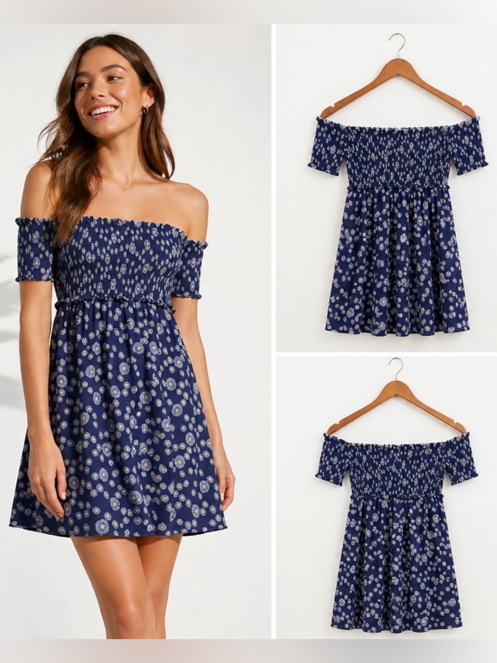 Kisuii Off Shoulder Floral Mini Tunic Dress Cover Up NWT Navy Blue size S M L